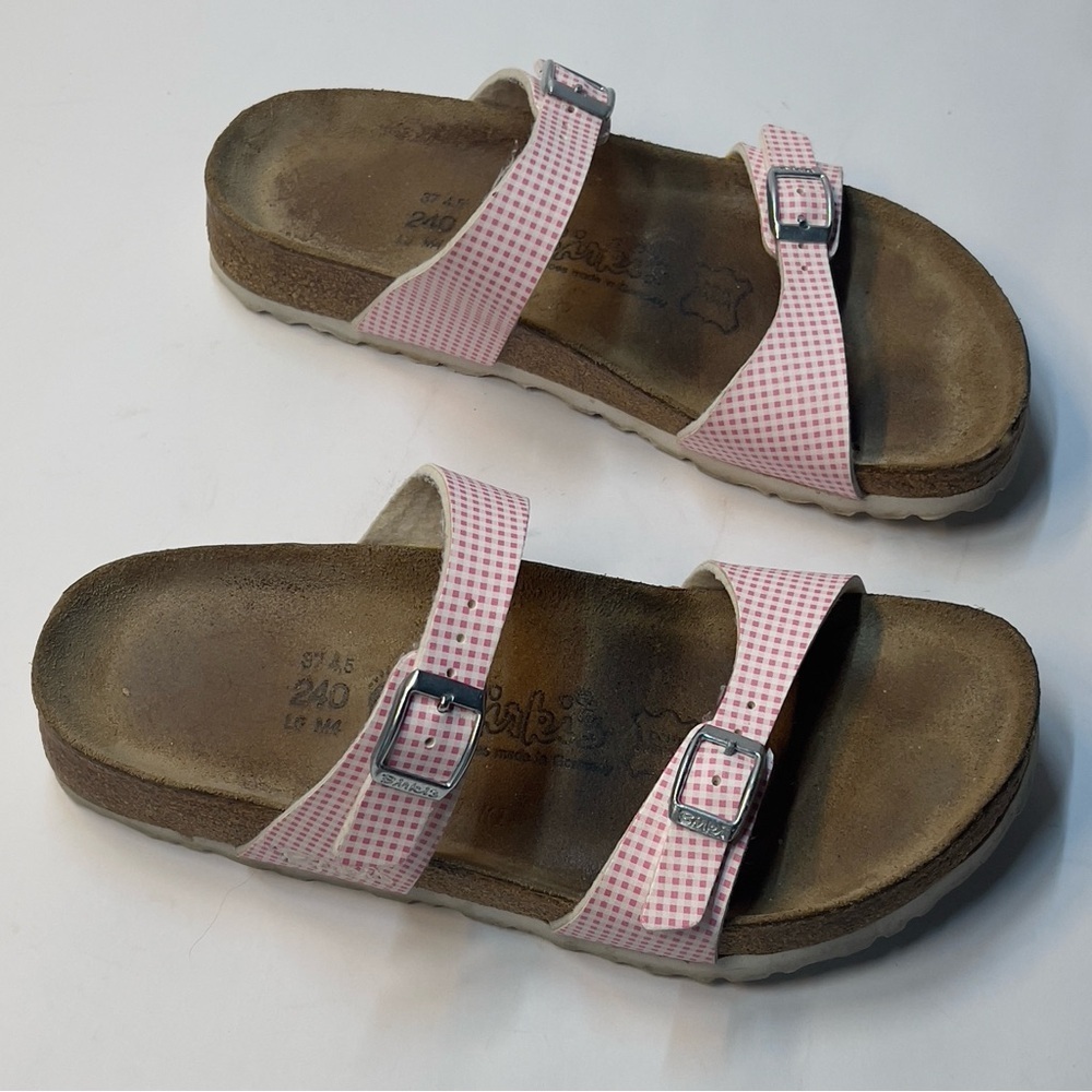 BIRKIS Ladies EU 37 US 6-6.5 Pink and White Gingham Design Sandals Soft Footbed